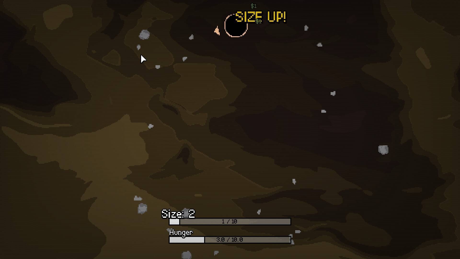 Size Up message above an early Size 2 hole and its growth and Hunger bars