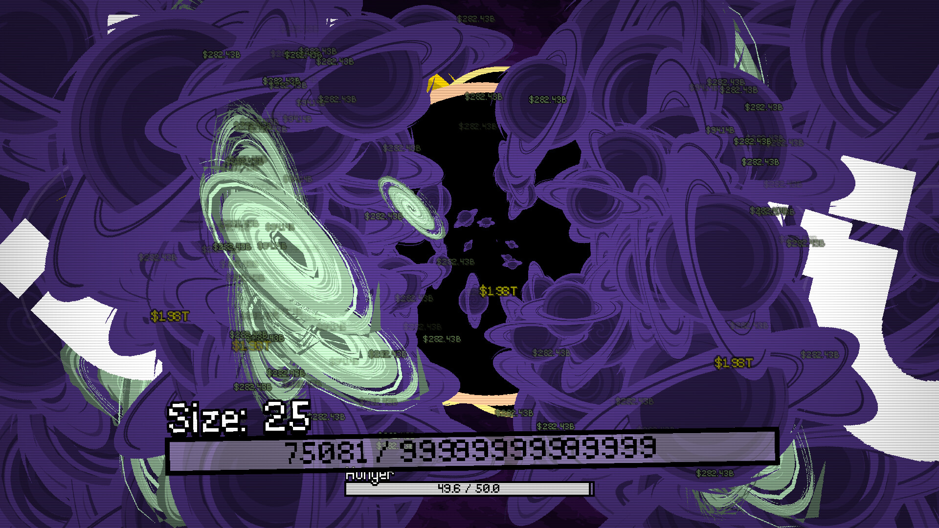 Size 25 hole surrounded by purple cosmic objects and green galaxies